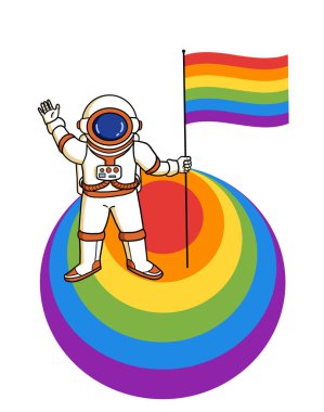 Eşcinsel bir gezegende elinde gökkuşağı bayrağı tutan bir astronot. LGBTQ kazananı liderlik ve çeşitlilik kavramı.