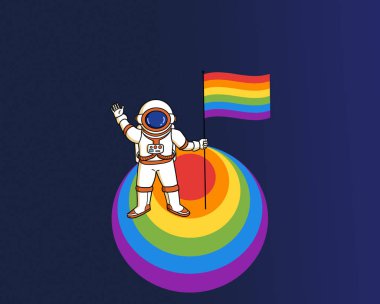 Eşcinsel gökkuşağı bayrağı taşıyan bir astronot. LGBTQ kazananı liderlik ve çeşitlilik kavramı.