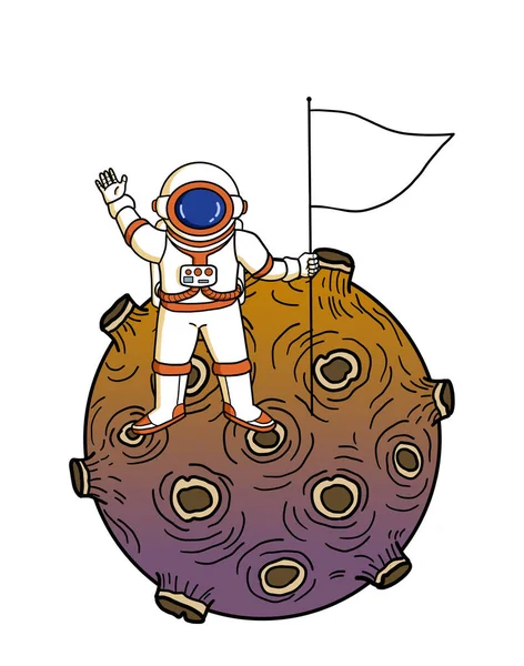 Astronaut Med Vit Flagga Stående Planet Framgångsrikt Ledarskap Inom Rymd — Stockfoto