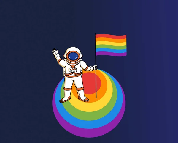 Astronauta Trzymający Tęczową Flagę Geja Lgbtq Zwycięzca Sukces Przywództwo Koncepcja — Zdjęcie stockowe