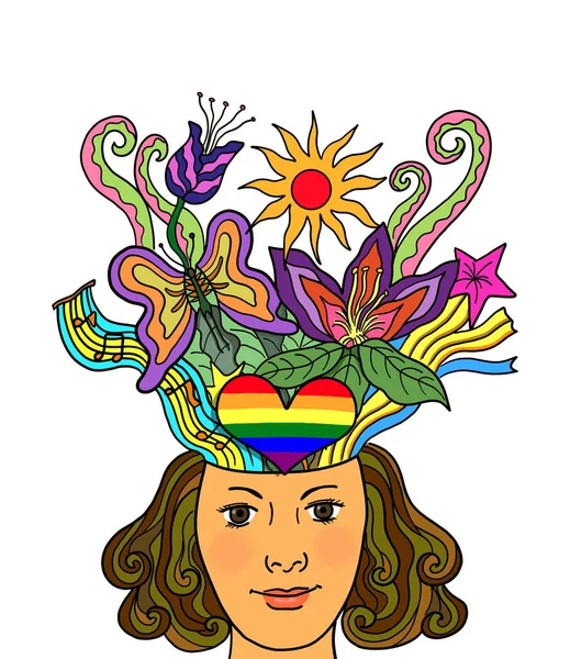 ゲイの誇り Lgbtqの人々のための創造的な美しい心 精神衛生の健康 花や植物の性質を持つレズビアン女性の顔は彼女の脳から来ています — ストック写真