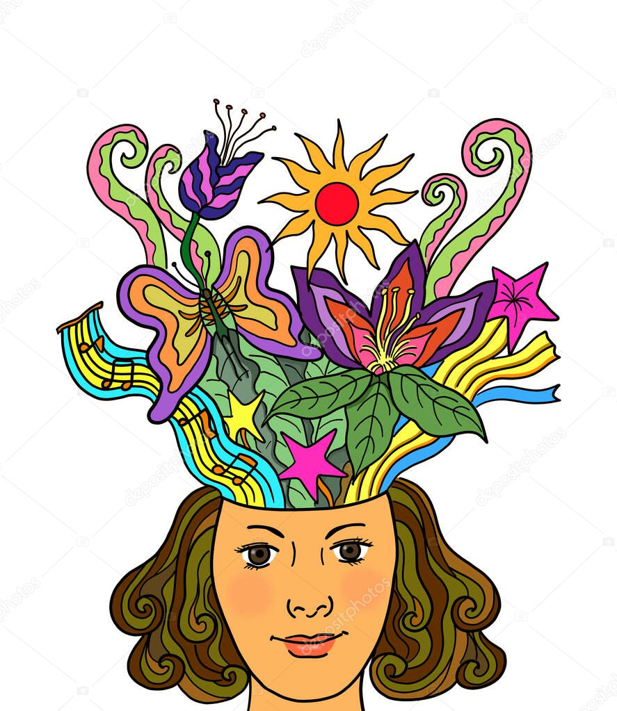 Creative beautiful mind, brain and mental health wellness and the power of mindfulness. A young woman face with flowers and plants nature comes from her brain.