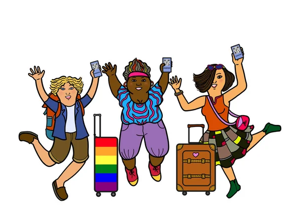 Група Багатоетнічних Гомосексуальних Людей Які Подорожують Сумками Валізами Рука Тримає — стокове фото