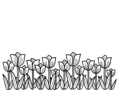 Çiçek açan lale çiçekleri, fotokopi alanı olan siyah beyaz çizgiler. Bahar ve yaz çiçekleri.