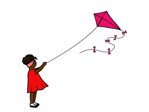 一个年轻的非裔美国女孩在放风筝 春夏两季户外运动 在带有复制空间的白色背景上隔离 — 图库照片