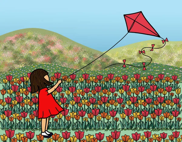 Młoda Dziewczyna Puszczająca Latawiec Łąkach Pola Tulipanowego Krajobraz Góry Tle — Zdjęcie stockowe