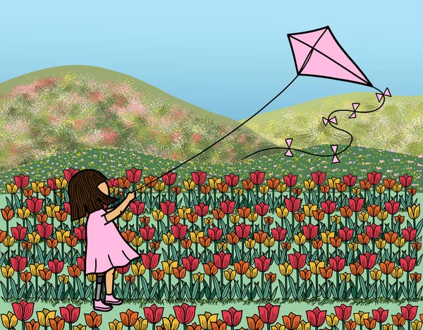 A young disability female girl with prosthetic leg flying a kite on tulip field meadows landscape and mountain on background. A healthy outdoor activity and lifestyle for children in spring and summer season.