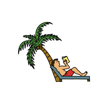 Bir tatil ve tropik plaj konseptinde rahatlama. Genç yetişkin bir adam oturuyor ve elinde palmiye ağacı olan bir kitap okuyor..