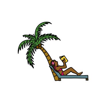 Bir tatil ve tropik plaj konseptinde rahatlama. Genç, Afro-Amerikan bir kadın oturmuş, elinde bir palmiye ağacıyla kitap okuyor..