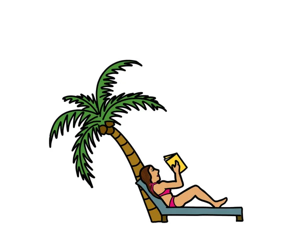 トロピカルビーチのコンセプトで休暇とリラクゼーション 水着を着た若い大人の女性が座っていて コピースペースのあるヤシの木で本を読んでいます — ストック写真