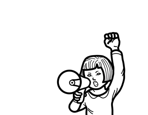 Young Female Activist Child Holding Megaphone Shouting Raising Her Fist — 스톡 사진