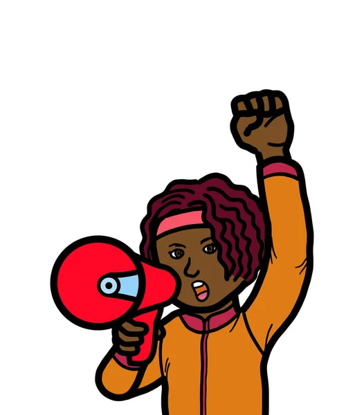 Молодая Темнокожая Афроамериканка Активистка Держит Руках Мегафон Крича Поднимая Кулак — стоковое фото