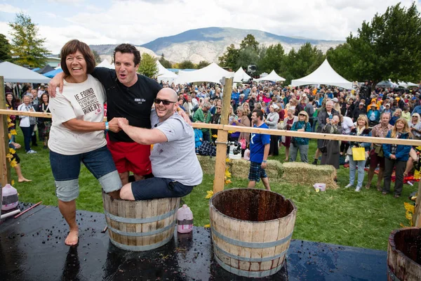 1 Ekim 2017 - Oliver, British Columbia, Kanada: Oliver, British Columbia, Kanada 'da düzenlenen yıllık Üzüm Festivali' ne katılanlar. Üzüm Ezme en popüler etkinliklerden biri.