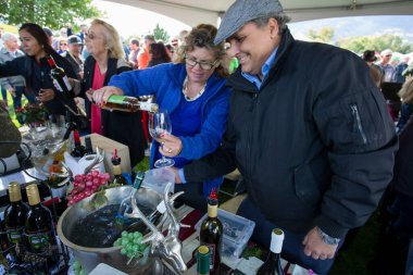 1 Ekim 2017 - Oliver, British Columbia, Kanada: Oliver, British Columbia, Kanada 'da düzenlenen yıllık Üzüm Festivali' ne katılanlar. Üzüm Ezme en popüler etkinliklerden biri.