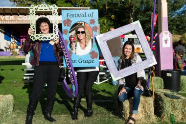 1 Ekim 2017 - Oliver, British Columbia, Kanada: Oliver, British Columbia, Kanada 'da düzenlenen yıllık Üzüm Festivali' ne katılanlar. Üzüm Ezme en popüler etkinliklerden biri.