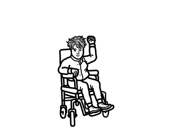 Uma Jovem Lésbica Adulta Com Deficiência Cadeira Rodas Levantando Punho — Fotografia de Stock