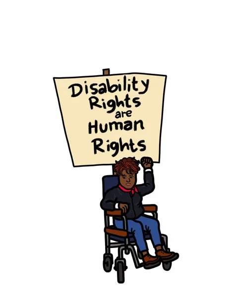 Tekerlekli Sandalyede Sakat Kollarını Kaldıran Protesto Panosu Olan Siyahi Amerikalı — Stok fotoğraf