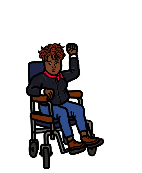 車椅子の障害を持つ若い大人の黒人アフリカ系アメリカ人女性レズビアンの人が腕を上げる拳 障害の権利と平等の概念 コピースペースのある図面 — ストック写真