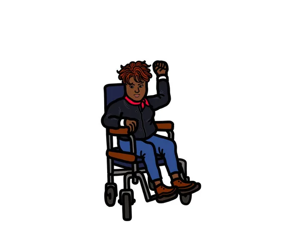 一名年轻的非裔美国女同性恋者 有残疾 举着轮椅手臂拳头 残疾人权利和平等概念 带有复制空间的绘图 — 图库照片