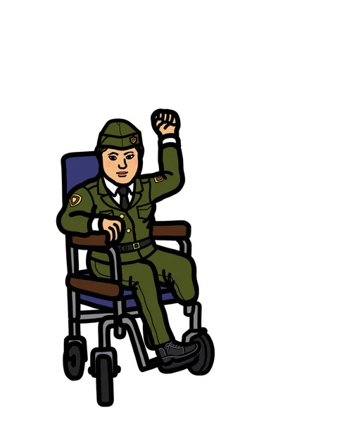 一名年轻的女退伍军人 有残疾坐在轮椅上举起胳膊拳头抗议 残疾人的反战权利和残疾人权利 — 图库照片