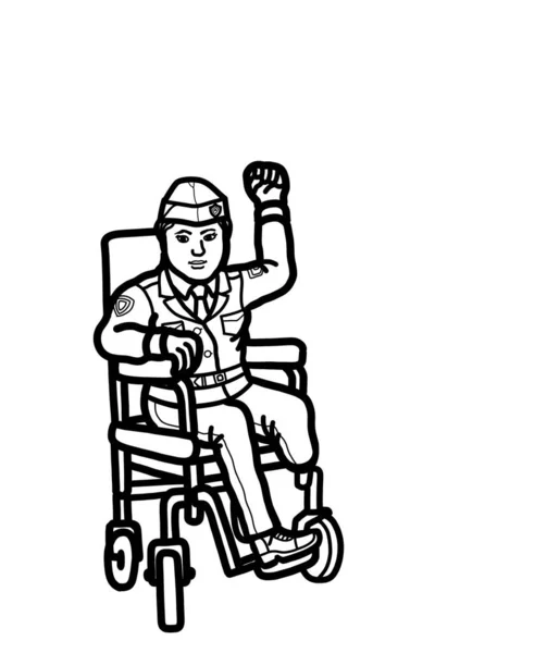 Μια Νεαρή Γυναίκα Βετεράνος Στρατός Αναπηρία Αναπηρική Καρέκλα Σηκώνοντας Χέρι — Φωτογραφία Αρχείου