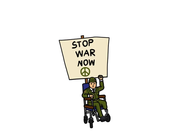 A young adult female veteran military with a disability on wheelchair raising arm fist with protest signboard. Stop war now, anti-war, freedom concept.