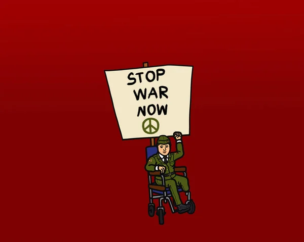 一名年轻的女退伍军人 身患残疾 坐轮椅 举起一只手 手持抗议牌 现在停止战争 自由的概念 — 图库照片