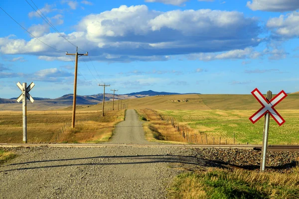 Uma Paisagem Pradaria Canadense Com Uma Estrada Terra Cascalho Perto — Fotografia de Stock