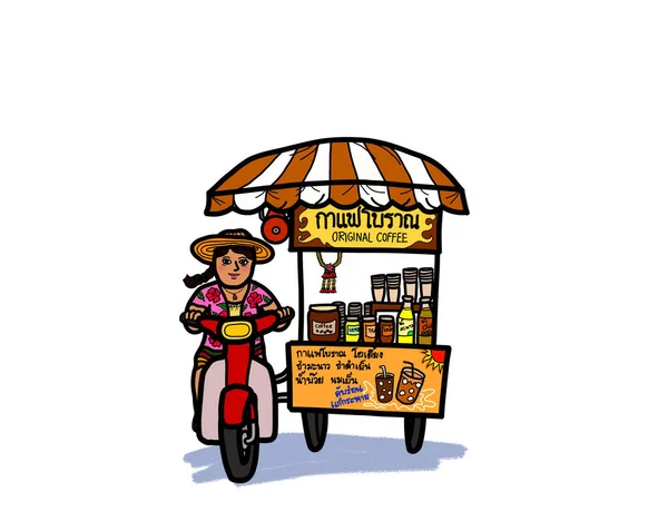 Thai Street Food Vendor Young Woman Riding Motorcycle Selling Coffee — Stockfoto