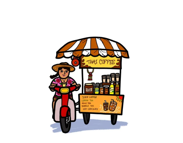 Thai Street Food Vendor Young Woman Riding Motorcycle Selling Coffee — Stockfoto