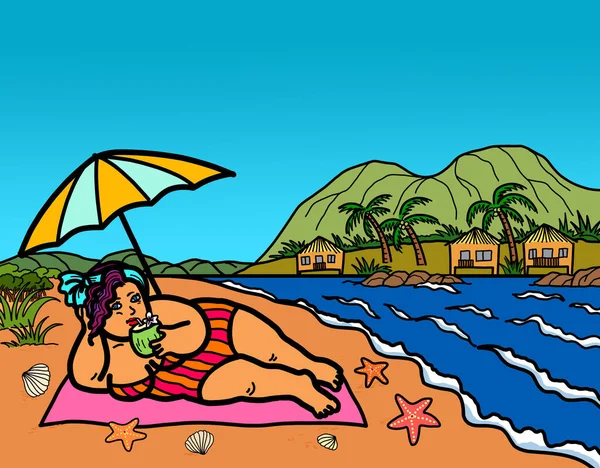 一个穿着泳衣的年轻的肥胖的成年女子喝着带有海滩伞的椰子汁 热带岛屿暑假休憩 — 图库照片
