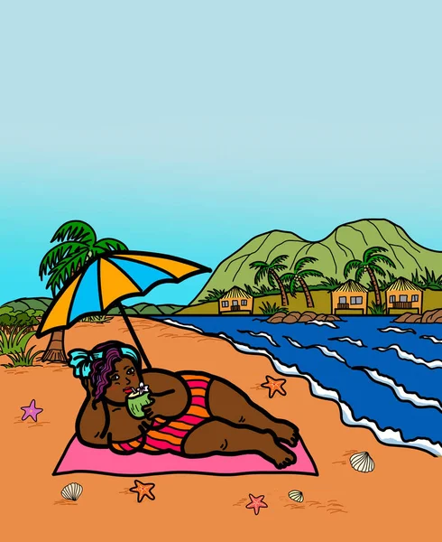 一个穿着泳衣的年轻的肥胖的成年女子喝着带有海滩伞的椰子汁 暑假假期 放松休闲自由生活方式 — 图库照片