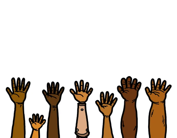 Diversity group of black African American hands raising as a symbol of equality of race, ethnicity, and people with disabilities.
