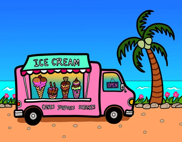 아이스크림 디저트를 길거리 여름철에는 코코넛 야자수가 옥외에 초소다 — 스톡 사진
