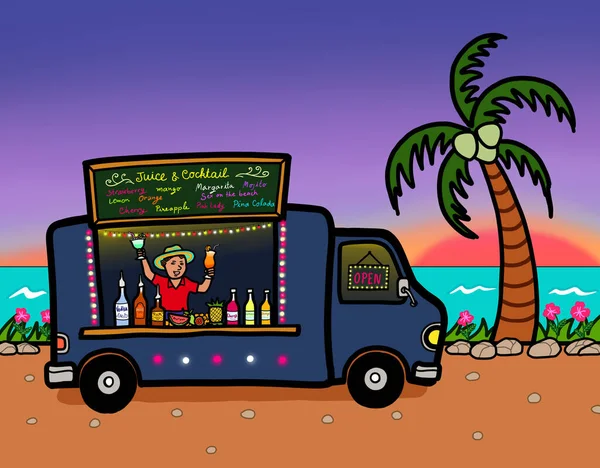 街头食品卡车销售果汁和鸡尾酒饮料与一个年轻的业主 热带海滩夏季户外酒吧 — 图库照片