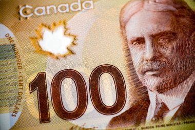 I. Dünya Savaşı (1914-1918) sırasında Kanada başbakanı olan Sir Robert Borden 'ın (1854-1937) yüzünü içeren Kanada 100 dolarlık banknotunun ayrıntıları. Mevcut banknotlar bir polimer plastik kağıttan yapılmış..