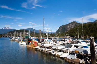 Squamish, British Columbia, Kanada kıyısı marinası Howe Sound 'da Garibaldi Dağı arka planda..