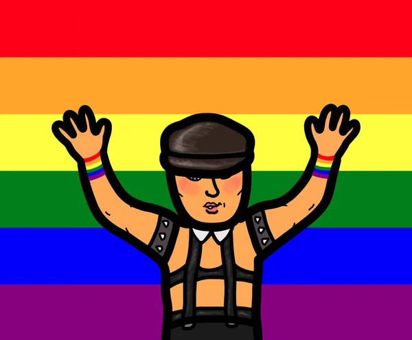 Jovem Gay Braço Traje Couro Levantado Fundo Bandeira Gay Gay — Fotografia de Stock