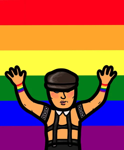 Jovem Gay Braço Traje Couro Levantado Fundo Bandeira Gay Vertical — Fotografia de Stock