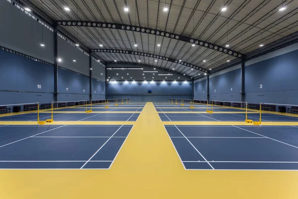 Chonburi, Tayland - 26 Nisan 2017: Chonburi, Tayland 'da bulunan Bowin Arena' da Decoflex döşemeleri olan kapalı badminton sahası. 