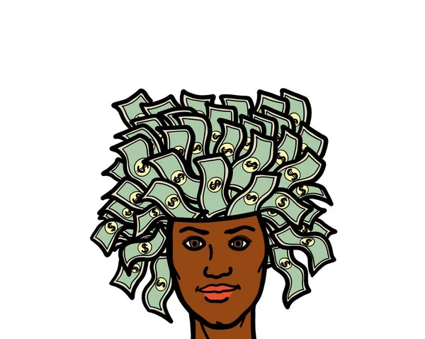 A human\'s head of a black African American person with a pile of dollar money growing from the brain. Human\'s mind of wealth, financial growth and savings concept.