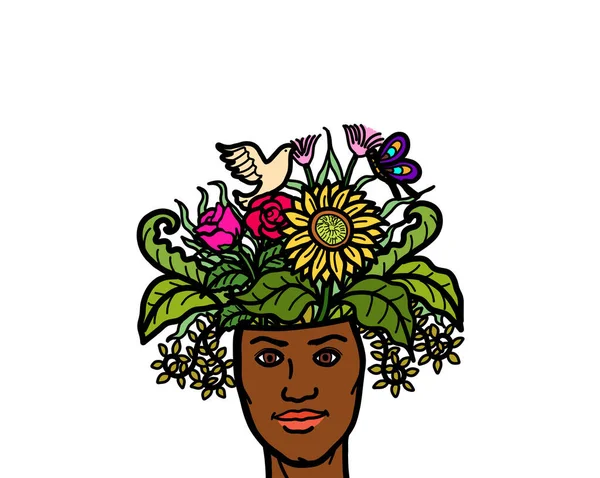 A head of a young adult person with the inspiration by nature, plants and flowers. Mental health wellbeing, mindfulness and peace concept.