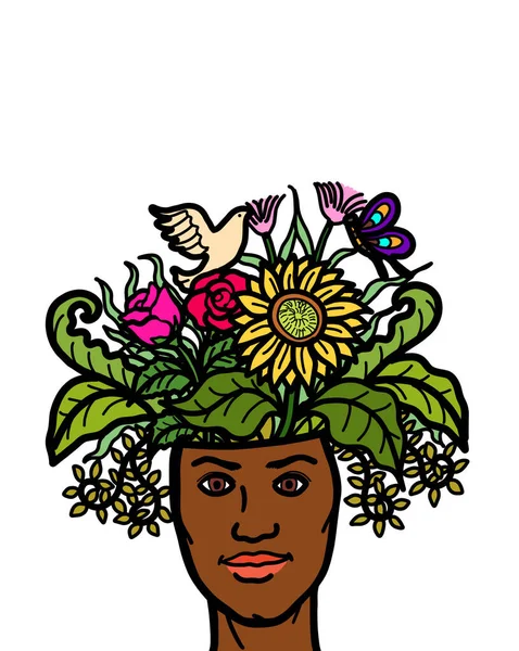 A head of a young adult person with the inspiration by nature, plants and flowers. Mental health wellbeing, mindfulness and peace concept.