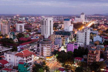 Hue, Vietnam - December 14, 2012: High angle view of the downtown skyline of Hue Thua Thien  Hue province, Vietnam at dusk.