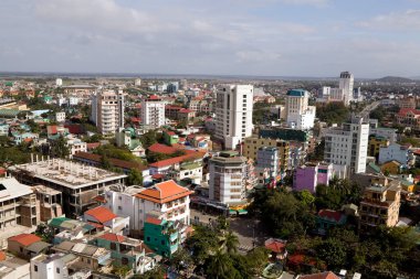 Hue, Vietnam - December 14, 2012: High angle view of the downtown skyline of Hue Thua Thien  Hue province, Vietnam at dusk.