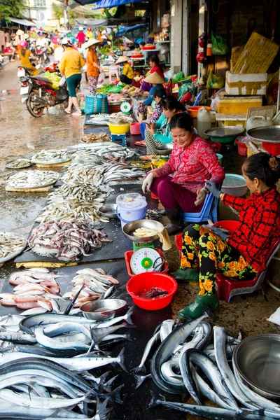 Duong Dong, Phu Quoc Island, Vietnam - January 25, 2018: Vietnamese market vendors selling fresh seafood at the Duong Dong Market located in Duong Dong, Phu Quoc Island, Vietnam.
