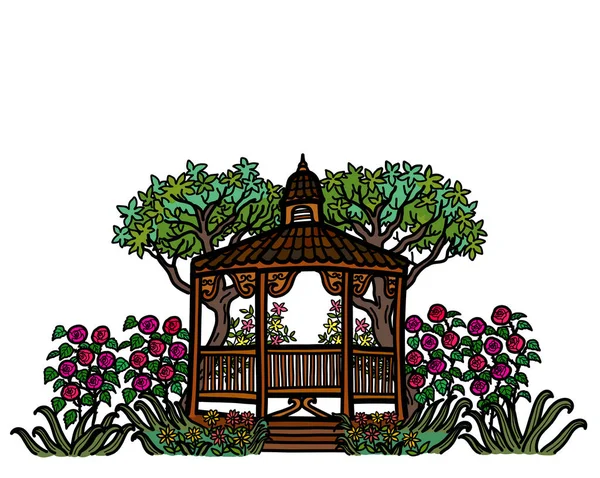 Cedar Gazebo Rose Garden Plants Trees Yard Isolated White Background — ストック写真