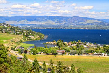 View of vineyards and Okanagan Lake in Westbank, West Kelowna, British Columbia, Canada located in the Okanagan Valley.