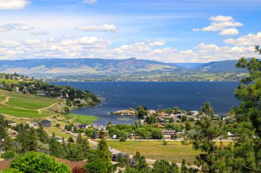View of vineyards and Okanagan Lake in Westbank, West Kelowna, British Columbia, Canada located in the Okanagan Valley.