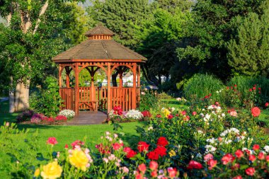 Cedar wooden gazebo at the rose garden in the city park of Penticton, British Columbia, Canada located in the Okanagan Valley.